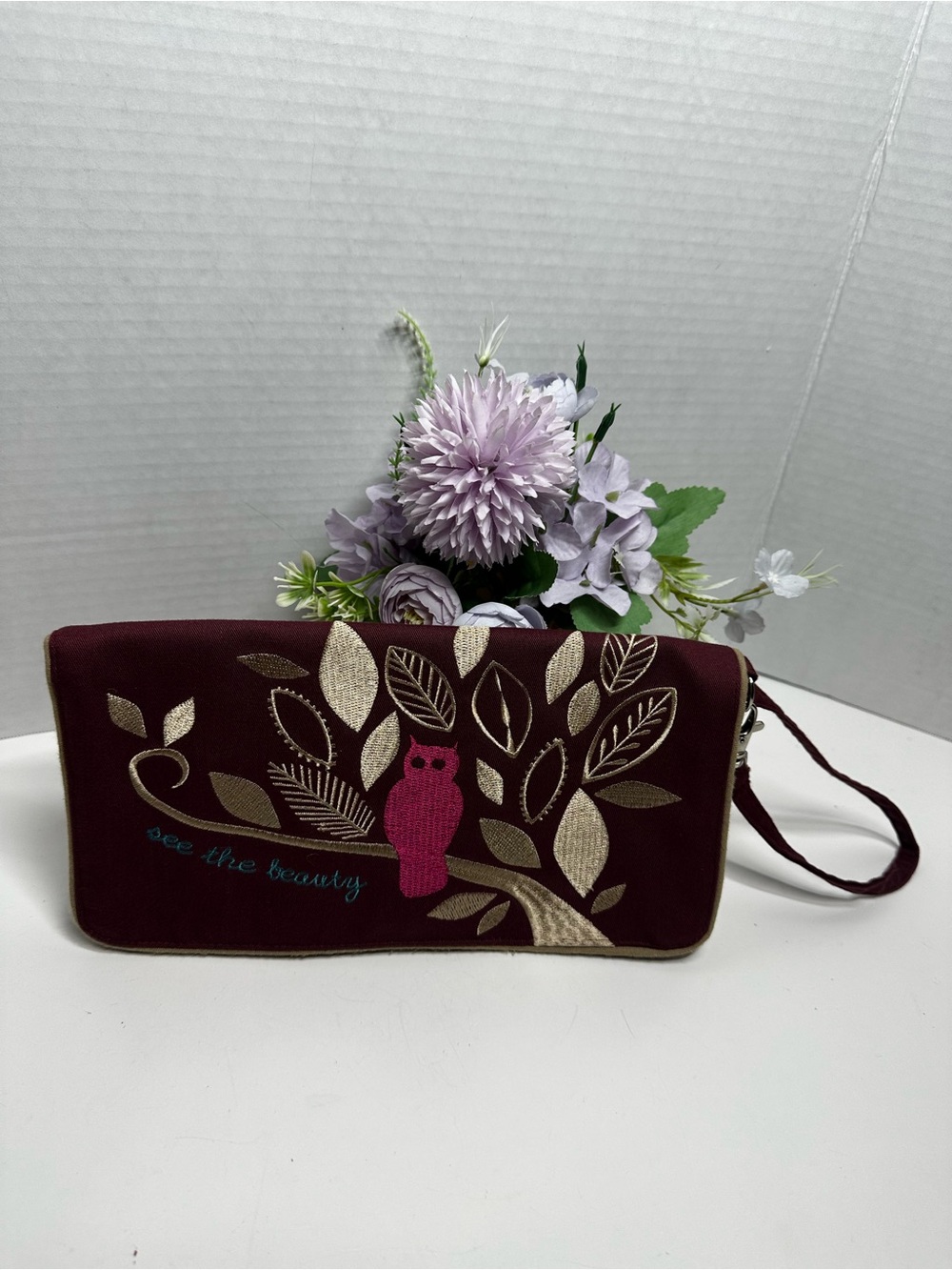 Embroidered Owl Wristlet Clutch in Burgundy